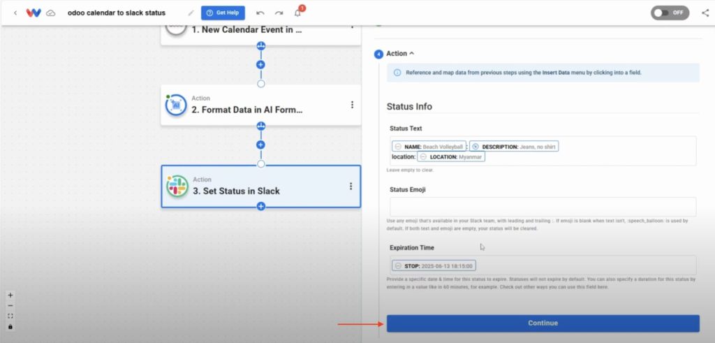 Clicking Continue to save Slack status mapping in Workload.