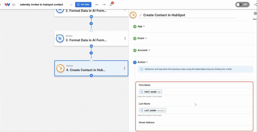 Map first name, last name, and other invitee details from Calendly into the correct HubSpot fields.