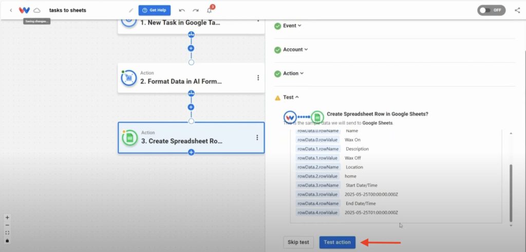 Test the final Google Sheets action to ensure Google Tasks to Sheets Rows automation runs correctly
