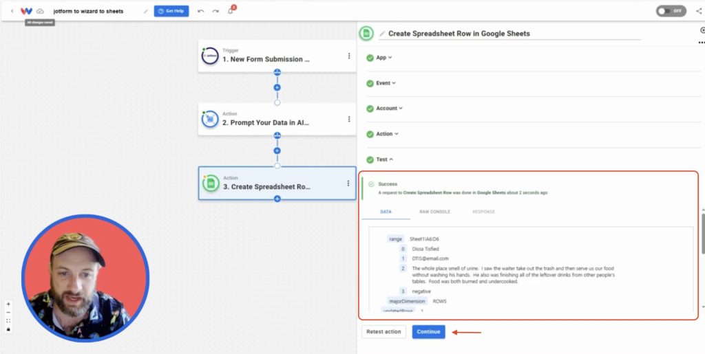 Successful Google Sheets test confirming a new spreadsheet row was created with interpreted feedback.