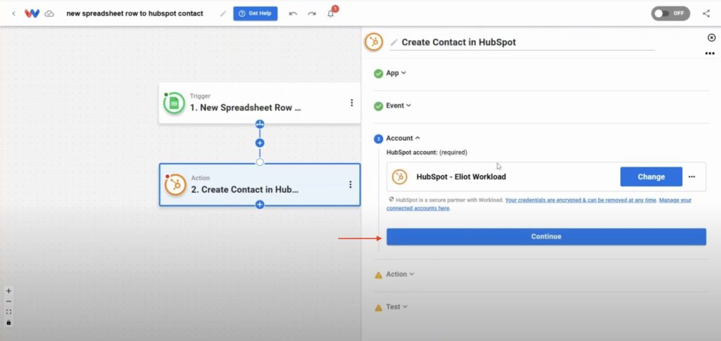 Connecting the HubSpot account in Workload for the new spreadsheet row to hubspot contact automation.