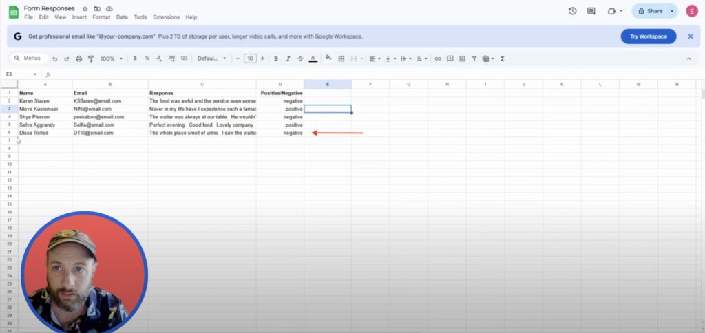 Google Sheets showing logged Jotform submissions with names, emails, full responses, and AI analysis results.