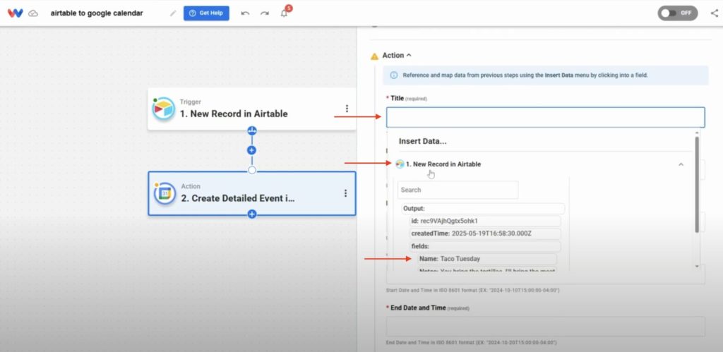 User maps the data fields from the Airtable trigger step to use as the calendar event.
