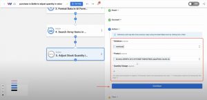Map fields by selecting the Odoo database, linking the product ID, and setting quantity to -1 for Zettle Purchases with Odoo.