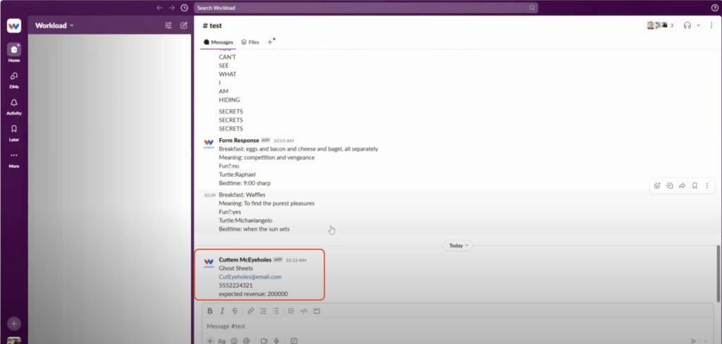 Slack #test channel displays the posted lead message—proof the workflow can Send Odoo Leads to Slack.