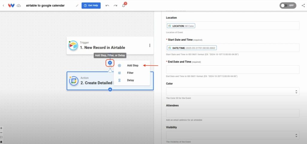 User clicks the plus icon between steps to add an optional filter, delay, or formatting step.
