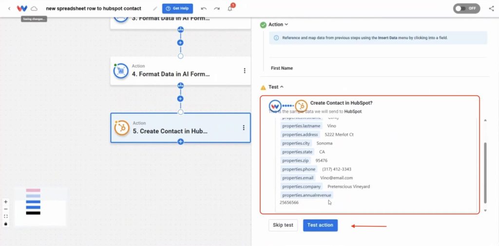 Running a test action in HubSpot to create a contact with mapped spreadsheet data.