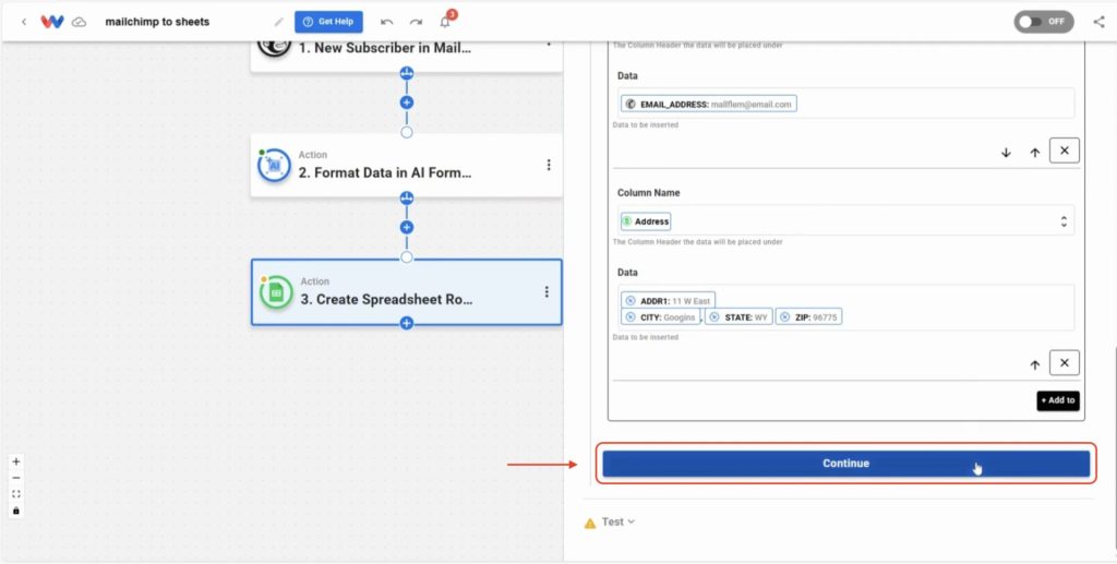 Click Continue after all fields have been mapped to columns in your spreadsheet.