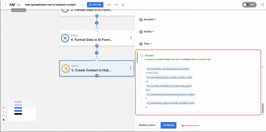 Success message showing HubSpot accepted the new contact data from the automation.