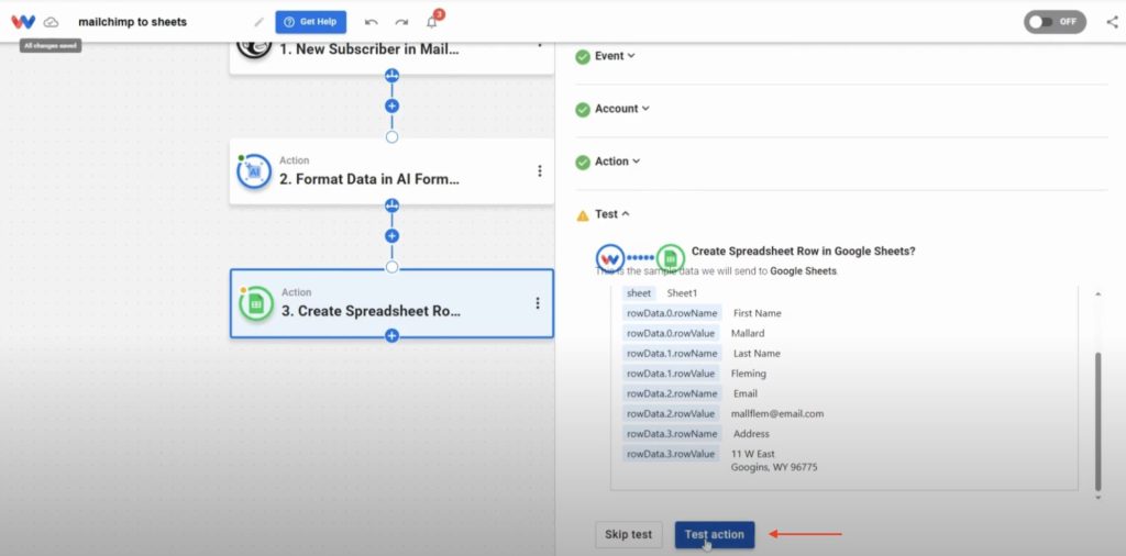 Test the Google Sheets action to make sure subscriber data flows into the sheet correctly.