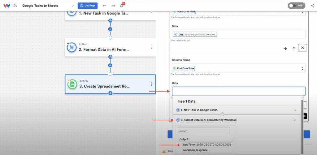 Mapping the formatted end time into the Google Sheets row