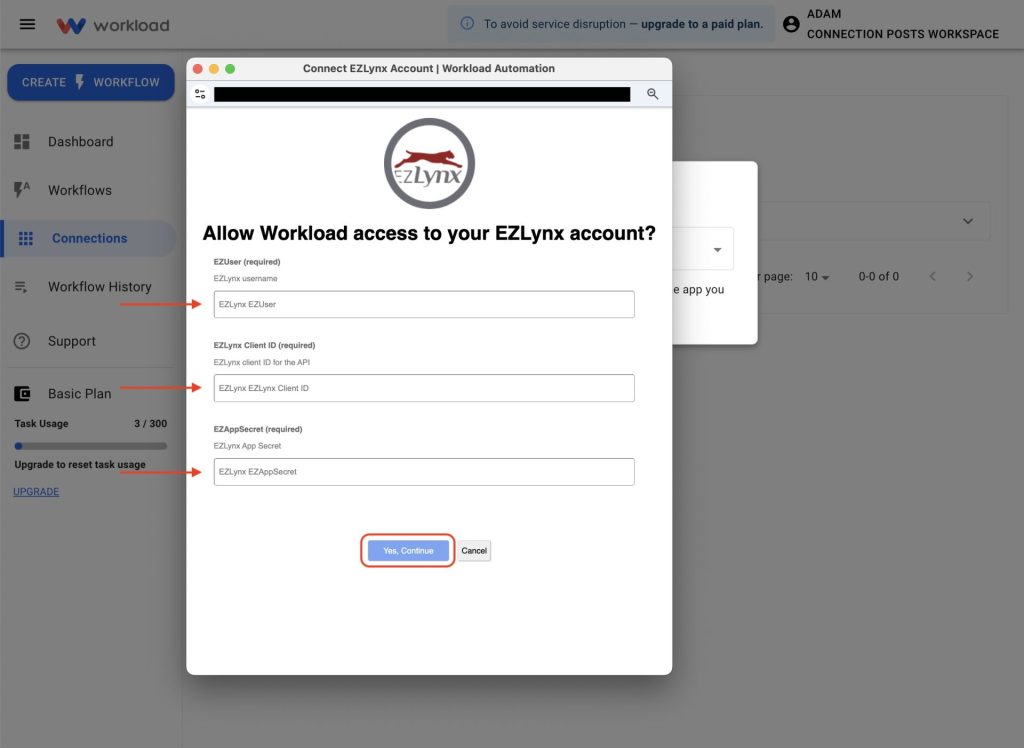 Enter your EZLynx username, client ID, and app secret to connect EZLynx to Workload.