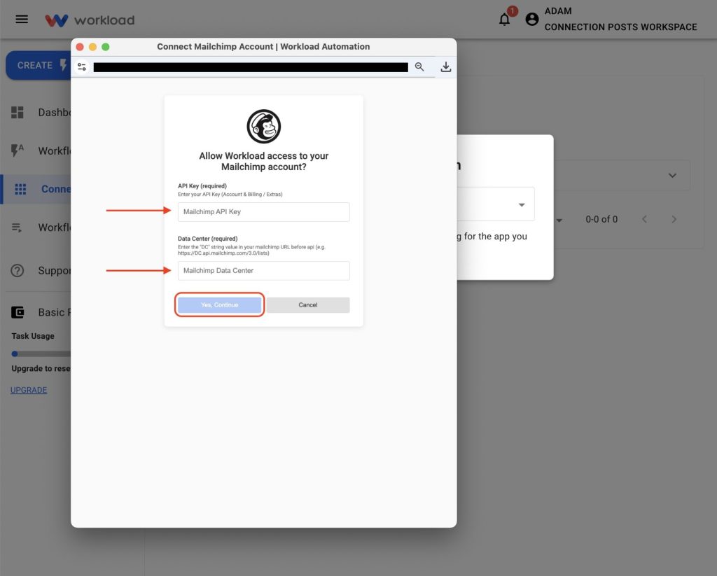 Enter your Mailchimp API Key and Data Center to connect Mailchimp to Workload.