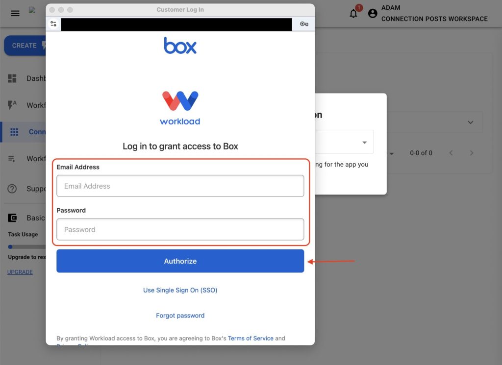 Box login window prompting user to enter email address and password to grant Workload access.