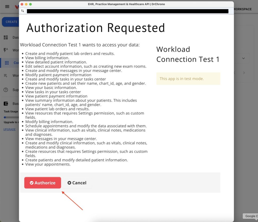 Authorize the Workload app to connect with your DrChrono account