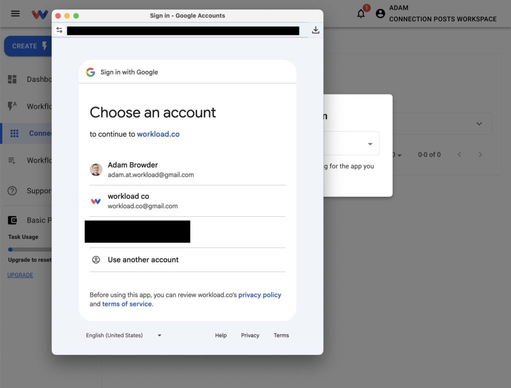 Choose the Google account to authorize for Google Tasks.