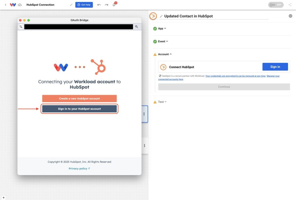 Click “Sign in to your HubSpot account” to begin and Connect HubSpot to Workload.