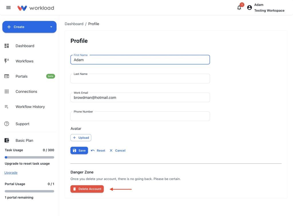 Workload Profile page highlighting the red Delete Account button in the Danger Zone section.
