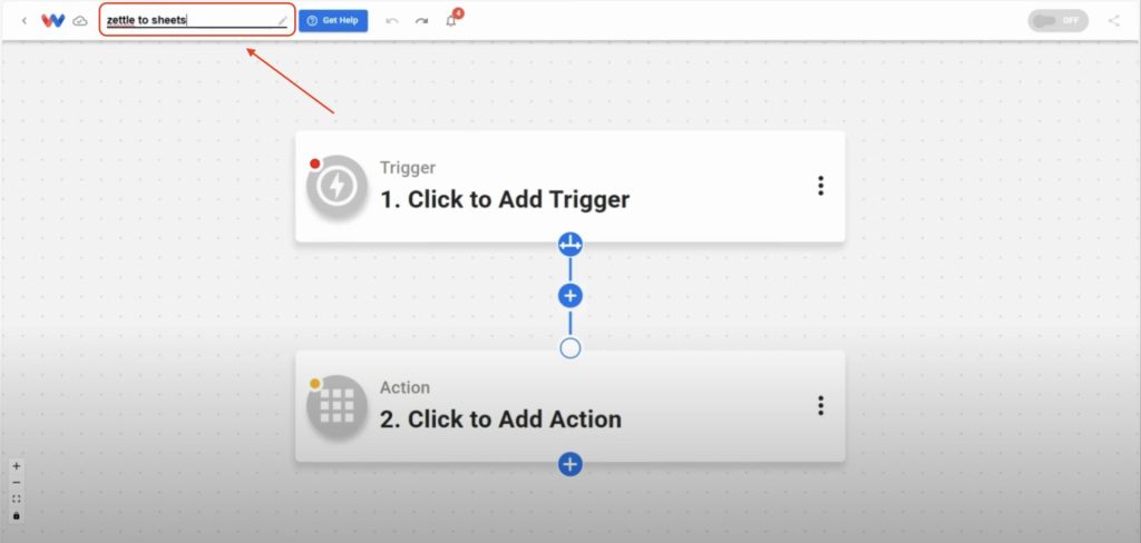 Naming the automation “Zettle to Sheets” inside Workload to track Zettle purchases automatically and sync sales into Google Sheets