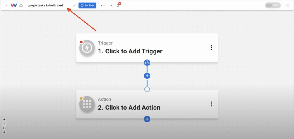 Naming a new workflow “Google Tasks to Trello card” in the Workload editor.