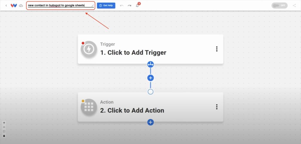 Naming the automation “new contact in HubSpot to Google Sheets” in the Workload editor.