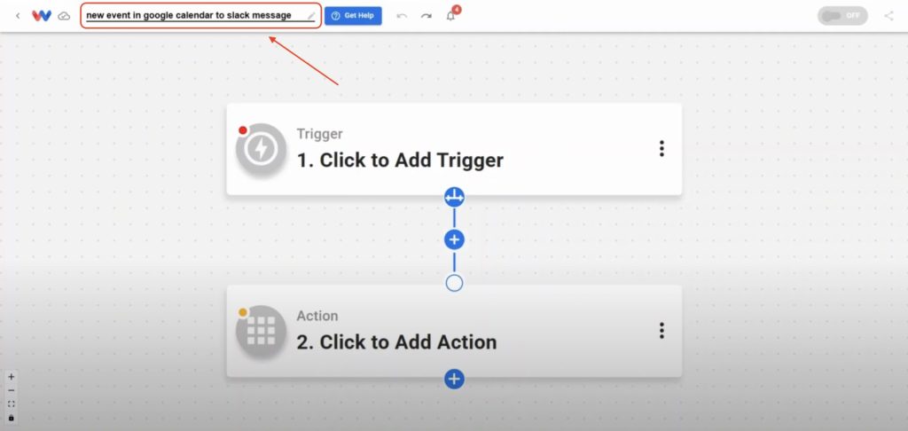 Naming the new automation "new event in Google Calendar to Slack message" inside the Workload editor.