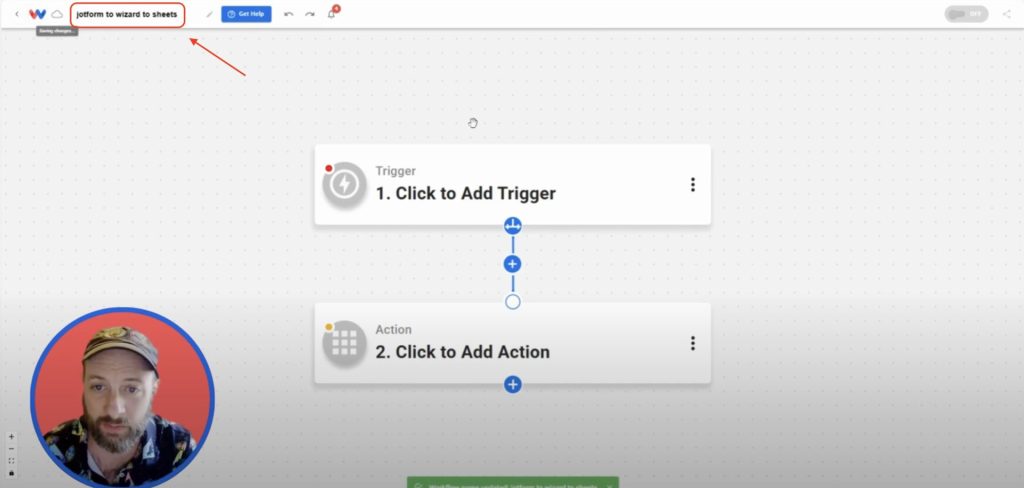 Naming a new automation in Workload titled “jotform to wizard to sheets.”