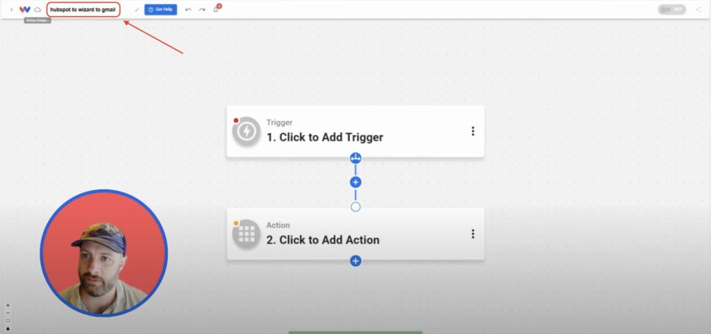Naming a new workflow “hubspot to wizard to gmail” inside the Workload editor.