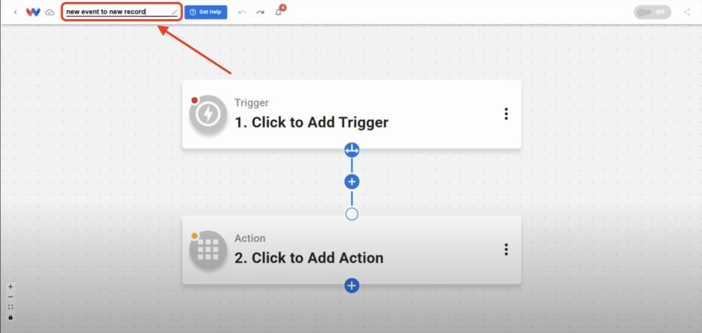 Workflow editor view titled 'new event to new record' with empty trigger and action steps