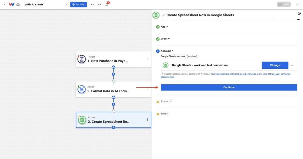 Clicking Continue after naming your connection to proceed with Zettle to Google Sheets setup