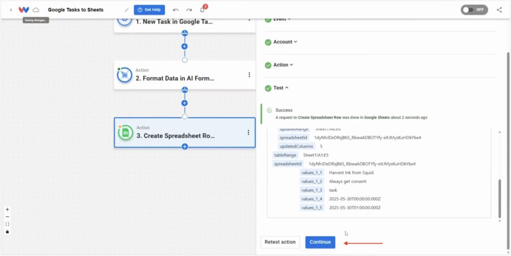 Completing the automation and clicking Continue in Workload
