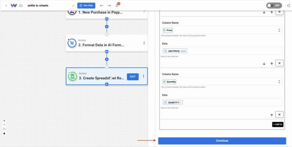 Finishing the field mapping process to log Zettle purchases into your spreadsheet with no code by clicking Continue