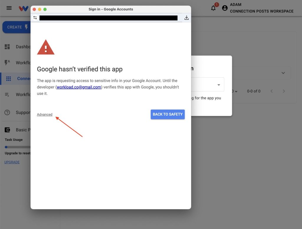 Advanced option for Connect Google Tasks to Workload authorization flow.