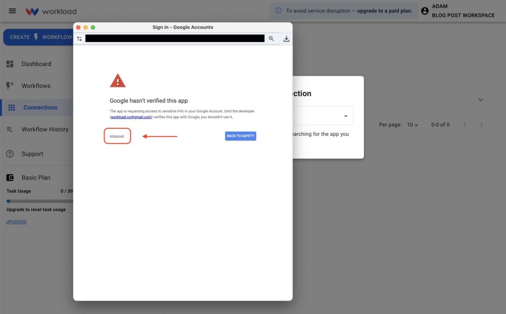 Continue setup by clicking Advanced on the Google app verification screen.
