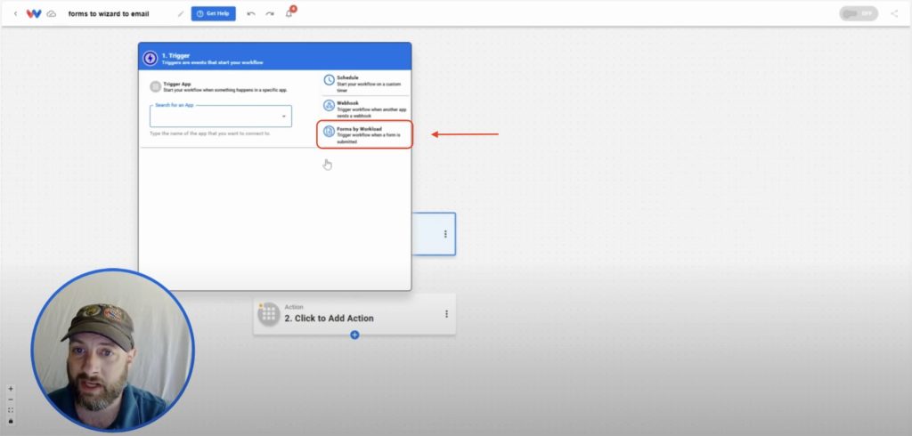 Selecting “Forms by Workload” as the trigger app inside the Workload editor to start the automation.