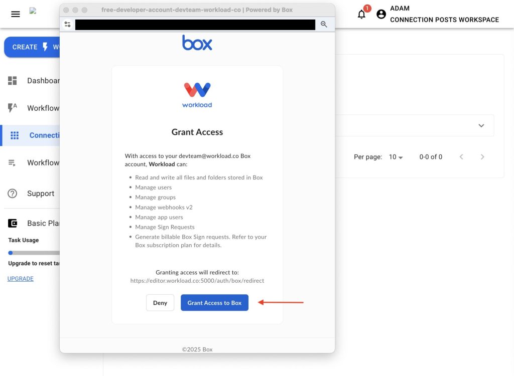 Box authorization screen showing the Grant Access to Box button highlighted to connect the account with Workload.