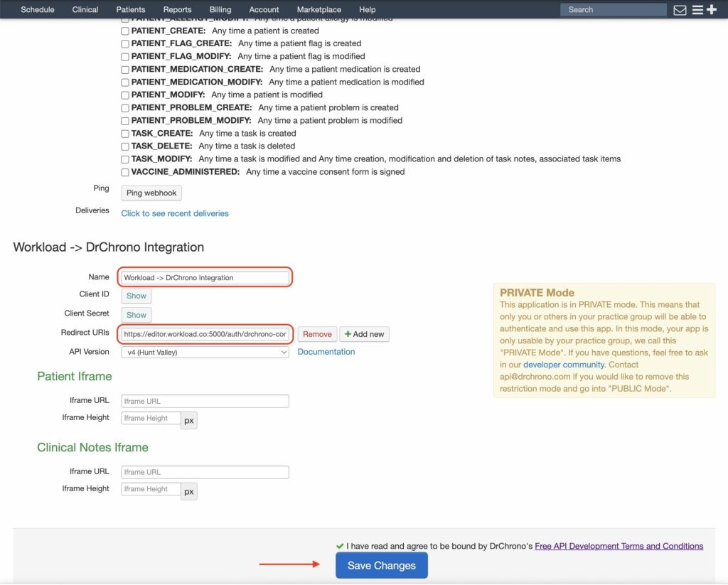 Add app name, paste redirect URI, and save your DrChrono API app settings