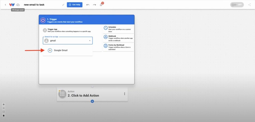 Choose Google Gmail as your trigger app to start building a workflow that converts Gmail to tasks.