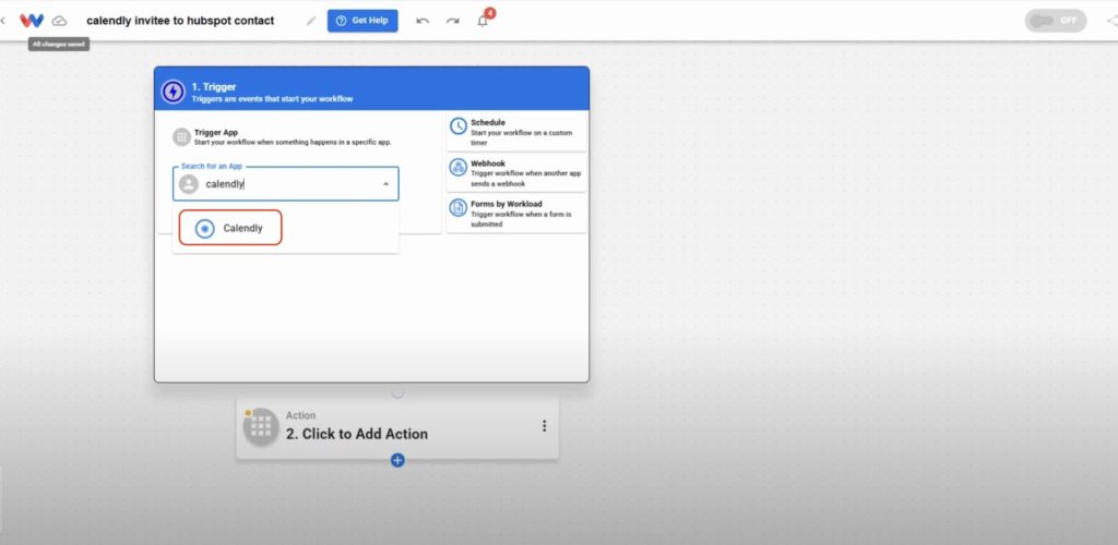 Search for Calendly in the trigger app menu to set it as the automation starting point.
