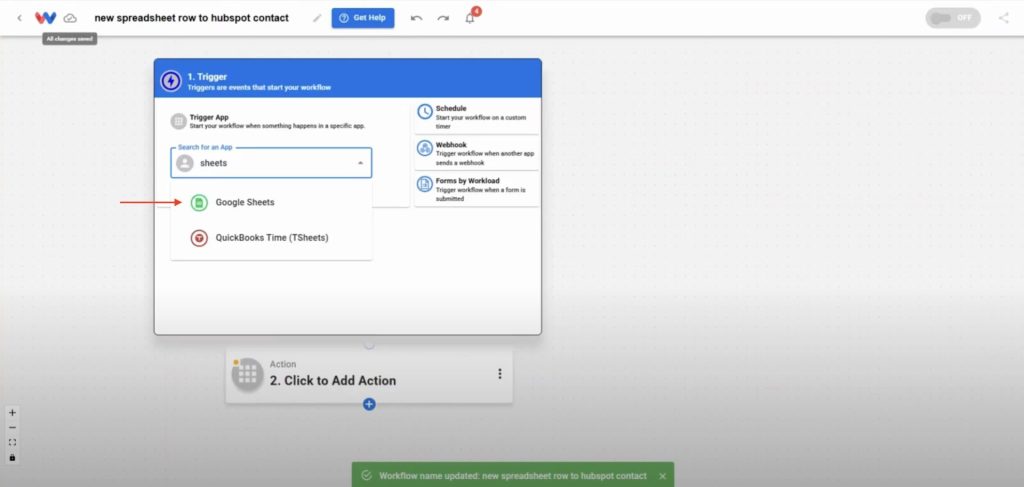 Selecting Google Sheets as the trigger app in the Workload editor.