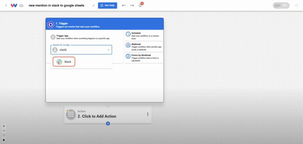 Selecting Slack as the trigger app from the Workload automation builder interface