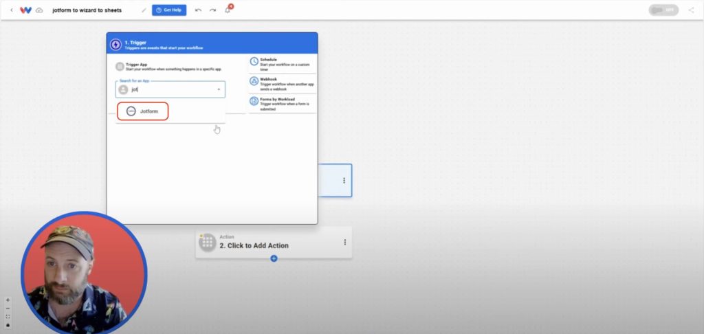 Selecting Jotform as the trigger app inside the Workload editor.