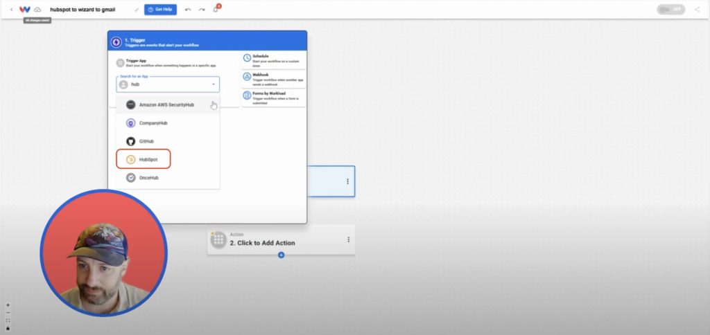 Selecting HubSpot as the trigger app in Workload to Send Personalized HubSpot Emails.