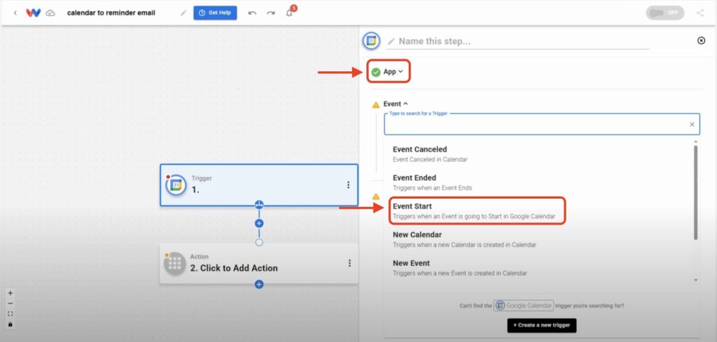 Editor view of Workload platform with red arrows pointing to the trigger app selection and the trigger event selection of Gmail Reminder Before Calendar Event workflow.