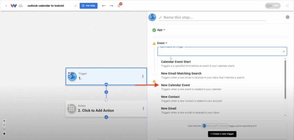 Selecting the New Calendar Event trigger from Microsoft Outlook.