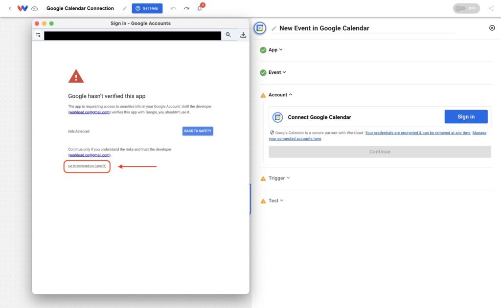 Proceed by selecting Go to workload.co (unsafe) during sign-in.