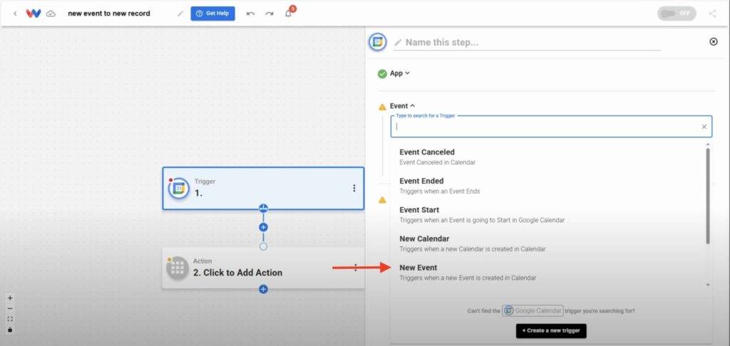Selecting 'New Event' as the trigger from Google Calendar event options