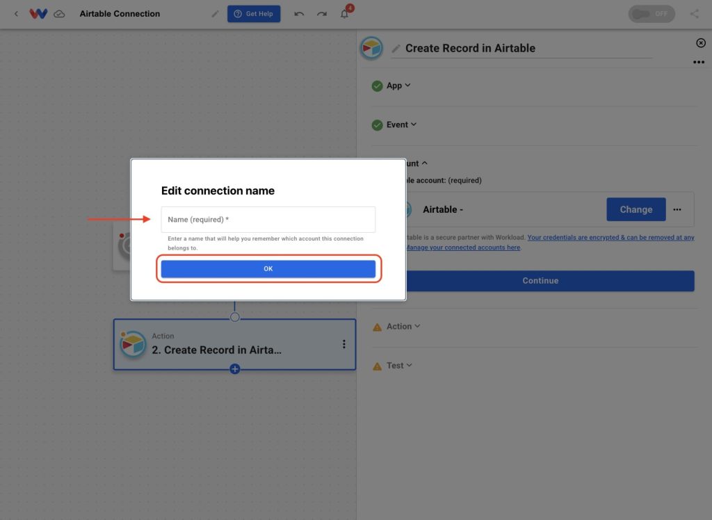 Enter a custom name for your Airtable connection so you can identify it easily in future workflows.