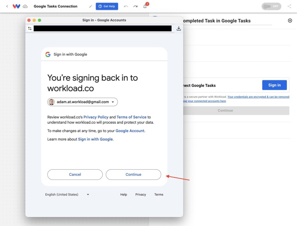 Click Continue to authorize Google Tasks account.