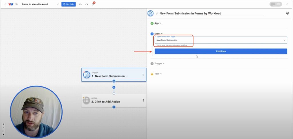 Choosing “New Form Submission” as the trigger event in Workload for Automatically Send AI-Powered Replies.